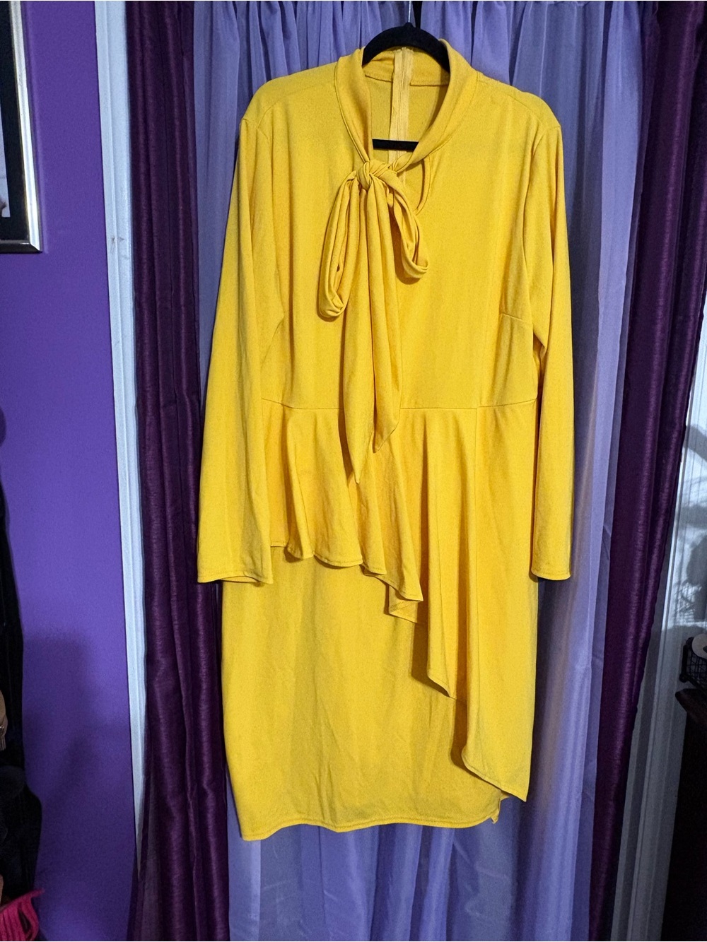 SHEIN Yellow Asymmetrical Tie-Neck Long Sleeve Dress